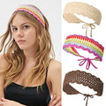 CHLINS Hairband, 3PCS Crochet Headband Women Floral Hairband - Elastic Handmade Crochet Head Wrap Bohemian knit Headband for Women and Girls(Rainbow, Beige, Dark Coffee) - color: Rainbow+Beige+Dark Coffee
