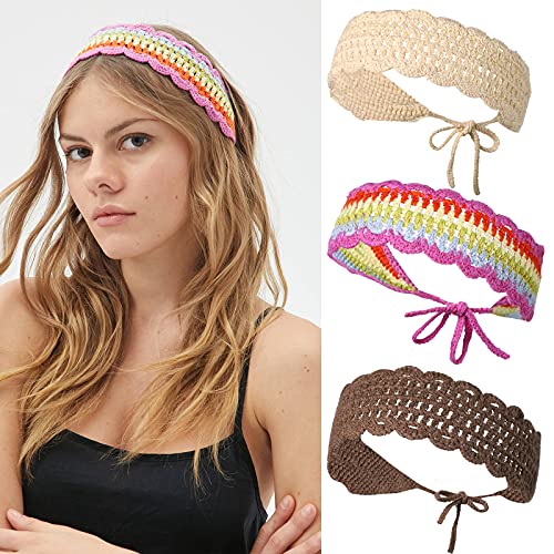 CHLINS Hairband, 3PCS Crochet Headband Women Floral Hairband - Elastic Handmade Crochet Head Wrap Bohemian knit Headband for Women and Girls(Rainbow, Beige, Dark Coffee) - color: Rainbow+Beige+Dark Coffee