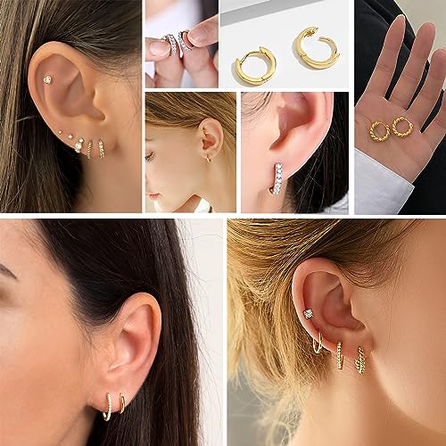 Cocadant 6 Pairs 925 Sterling Silver Small Hoop Earrings for Women,14k Real Gold Hypoallergenic Tiny Cubic Zirconia Cartilage Huggie Earring Sets for Multiple Piercing Trendy Jewelry 8/10/12mm - color: 3 Pairs Gold and Silver CZ+Smooth+Twisted Huggie Earr