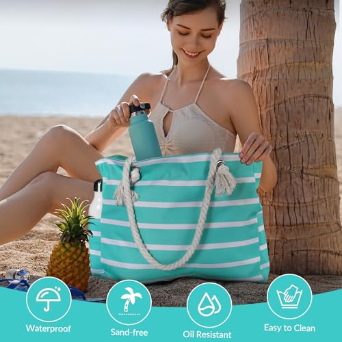 Clothirily Beach Bag for Women - Large Beach Tote Bag, Waterproof Sandproof Beach Bag with Zipper, Large Swim Pool Beach Tote - color: B-green