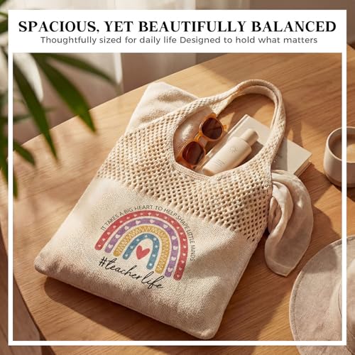 Shinylin Personalized Crochet Tote Bag for Beach Women Beige Mesh Knit Shoulder Bag Boho Aesthetic Tote for Women - style: Teacher Rainbow