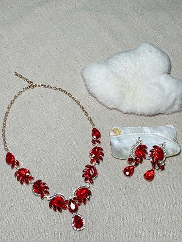 Women Jewelry Set Rhinestone Crystal Bride Statement Choker Necklace Teardrop Cluster Dangle Earrings Set for Wedding Prom Party - color: redness