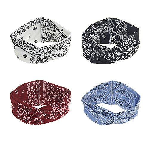 Assorted Paisley Print Wide Bandana Knot Headbands Criss Cross Head Wrap Hair Band (4 Colors Pack B) - color: 4 Colors Pack B