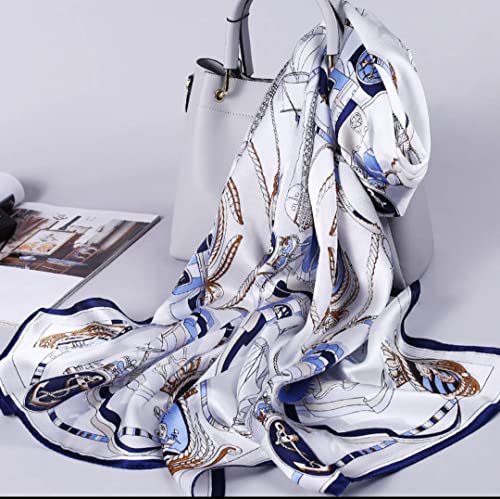 ANDANTINO 100% Silk Long Scarf-Women Large Oblong Shawls with Gift Packed - color: White&blue-sailing