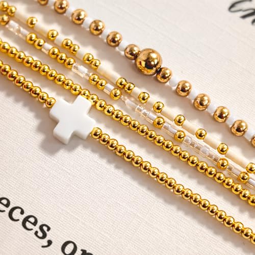 Gold Beaded Cross Bracelet for Women, 14K Plated Adjustable Stackable Dainty Bracelets, Non Tarnish Fashion Jewelry Set Gifts for Women Birthday Friendship - color: Colors-8