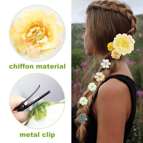 21 Pieces Silk Flower Hair Clip Women Aesthetic Boho Floral Hair Barrettes Handmade Rose Bride Barre Hair Accessories Wedding(Green & Yellow) - color: Green & Yellow