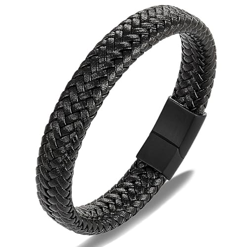 Men's Leather Bracelet, Stackable Stainless Steel Clasp Bracelets for Men Stylish Birthday, Thanksgiving, Valentine's Day Gift for My Man - style: 7.8" Pure Black