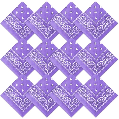 Suhine 12 Pcs Bandanas Bulk for Women Men 22 x 22 Inch Paisley Headband Cowboy Handkerchief Summer Beach Party Costume - color: Light Purple