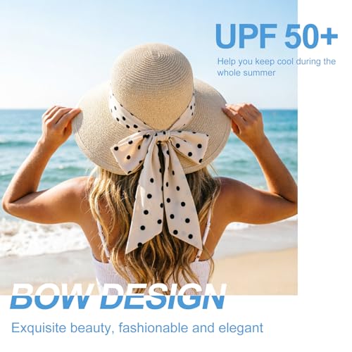 DRESHOW Sun Hats for Women Travel Fedora Foldable Beach Sun Hat Summer Wide Brim Straw Bucket Hat with Bowknot UPF 50+ - color: 1 Pack Bowknot Straw Hat: Beige (Beige Polka Dot Band)