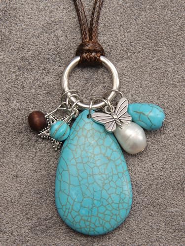 PU Leather Necklace Vintage Boho Style Multilayer Pendant Long Sweater Necklace Jewelry for Women Men with Adjustable Leather Cord - color: Drop Turquoise Ring Necklace