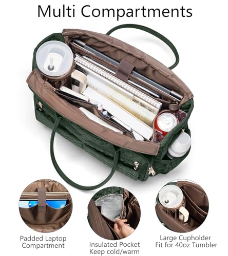 Bagstellar Teacher Bags for Women, 15.6 inch Laptop Work Tote Bag Quilted Nurse Bible Computer Shoulder Bag for School Travel | Dream Tote Work Bag - color: Dark Green