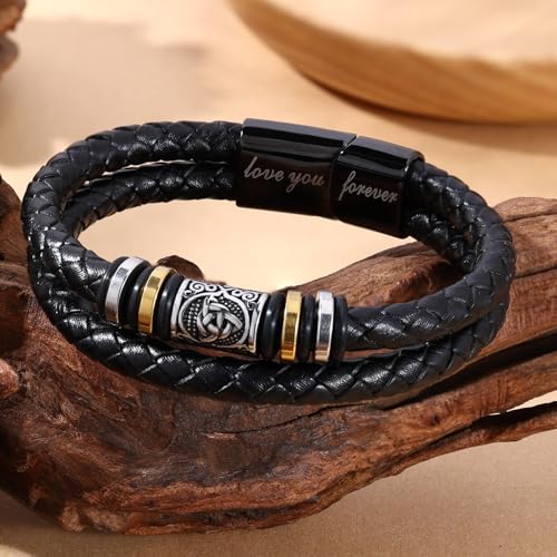 Mens Leather Bracelet,Black Stainless Steel Double-Row Braided Black Stainless Steel Love You Forever Engraved,Baptism Easter Day Gift for Men Son & Grandson - style: For Father