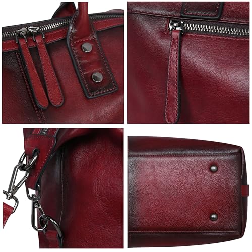Iswee Genuine Leather Satchel Tote Bag Top Handle Handbag Designer Shoulder Bag Large Capacity Cross Body Bag - color: Wine