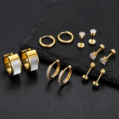 Silver Gold Plated Surgical Steel Flat Back Earrings for Women Hypoallergenic 14K Gold Plated Stud Huggie Earring Set Fashion Shell Cubic Zirconia Flatback Studs Cartilage Earrings Pack for Multiple Piercing 5/8Pairs - color: 6 Pairs Gold Plated Shell Hoo