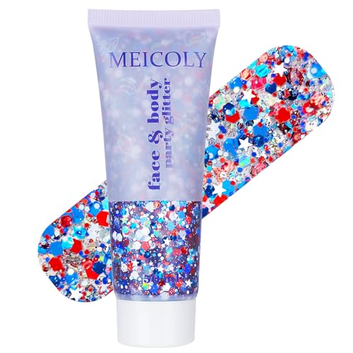MEICOLY 250th Red White and Blue Patriotic Face Glitter,Fourth of July Star Hair Glitter,4th of July Outfits for Women,USA Flag Body Glitter for Independence Day Veterans Day - color: Glory Red White Blue