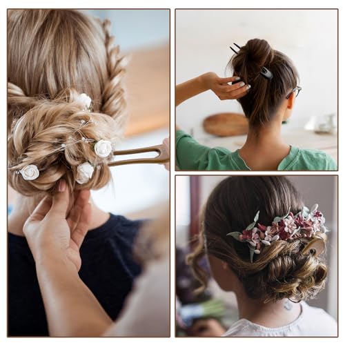 2 Pack U Shaped Hair Pins with Two Prongs Hair Clips for Buns, Wooden Hair Forks, French Hair Pin, Wooden Hair Fork for Women, Valentines Wedding Prom Decorative accessories
