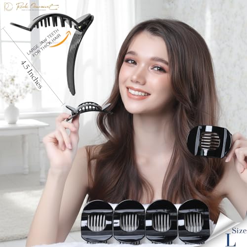RC ROCHE 6 Pcs Flat Claw Hair Clips for Women Thick Hair French Round Duckbill Square Secure Strong Hold Grip Clamps Barrettes Curved No Slip No Crease Styling Cute Extra Jumbo XL, Large Black - color: (Large) Black