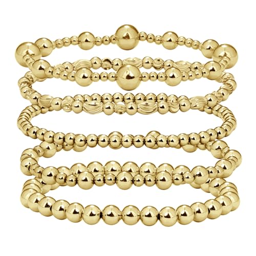 Gold Beaded Bracelets for Women: 14K Gold Bracelets for Women Trendy Dainty Gold Ball Bracelet Stack for Womens - Boho Stretch Bracelets Jewelry Sets with Cross Fashion Accessories Gifts for Women - style: Gold Bead