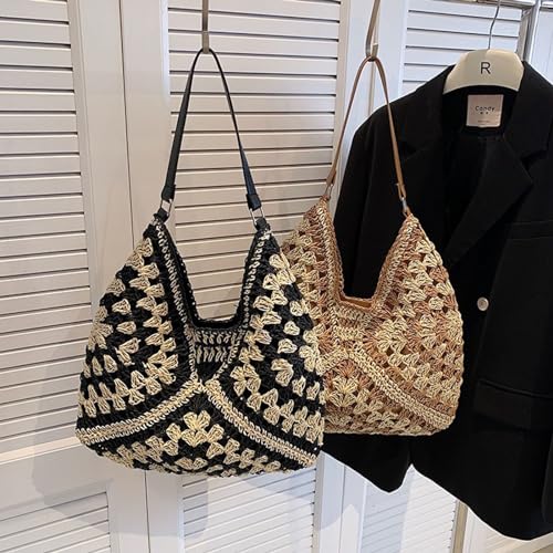 Straw Hobo Bag for Women 2026 Boho Woven Beach Purse Large Summer Straw Tote with Lining Black Raffia Shoulder Bag | straw material - color: Black2 With Adjustable Strap
