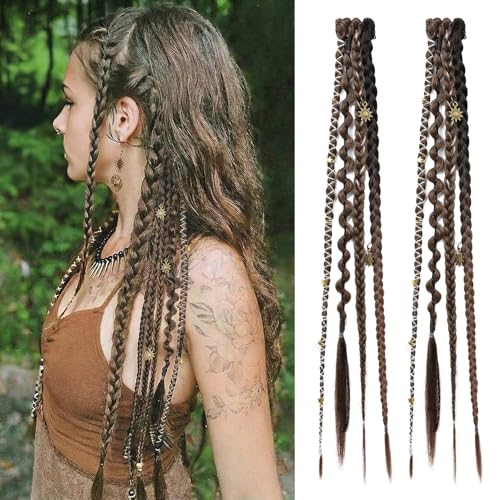 REECHO Clip in Braid Hair Extensions for Women, 16" Boho Dreadlock Clip in Braids with Beads & Charms, 2PCS Handmade Synthetic Braided Hairpieces for Cosplay Daily Styling, Light Brown Mix - color: Light Brown Mix, size: 16 Inch