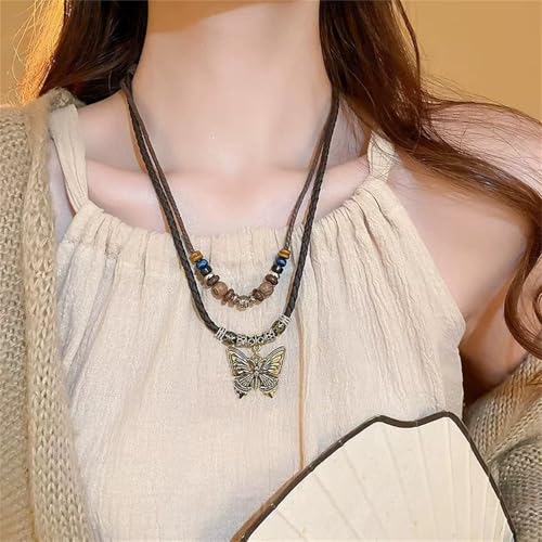 Boho Braided Rope Necklace for Women Vintage Butterfly Feather Adjustable Wooden Beads Layered Necklace Bohemian Wolf Tooth Totem Tribal Ethnic Style Jewelry - style: Butterfly