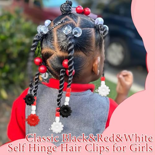 60PCS Hair Dreadlocks Beads Red&&Black&White Loc Bead Decoration Flower Self Hinge Barrettes Plastic Cartoon Hairpin 80s 90s Barrette Clip Decoration Accessories for Toddler Girls - color: Black&Red&White
