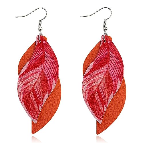 ANXIN boho unique Leather Earrings 2 Layered Lightweight Faux Leather Leaf Earrings Layered Design Drop Earrings Gift for Women - color: Orange Faux Leather Leaf Earrings