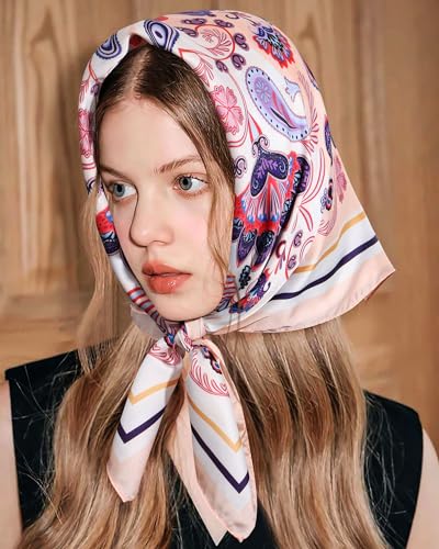 AWAYTR 27.5” Square Satin Head Scarf Hair Scarf for Women's Hair Silk Bandana for Women Silk Head Wrap for Sleeping - color: Cashew Print (Pink)