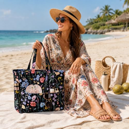 Bluboon Waterproof Beach Tote Pool Bags for Women Ladies Extra Large Carry On Bag With Wet Compartment for Weekender Travel - color: Black Butterfly-floral