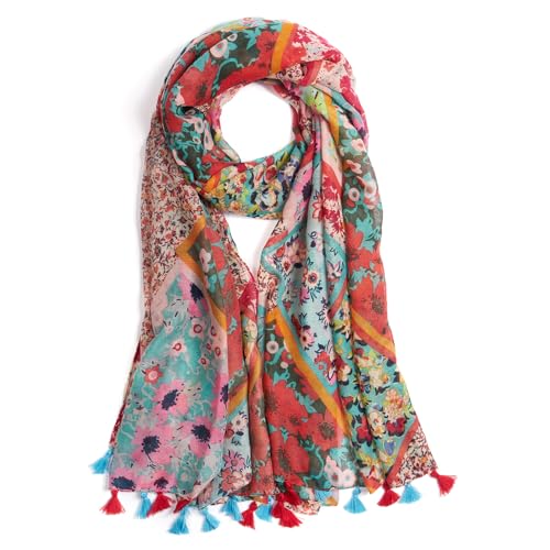 QIUTIMIY Scarf for Women Lightweight Soft Floral Leopard Printed Scarves Fall Winter Fashion Shawl Wrap with Fringe - color: Flower-red Sblue