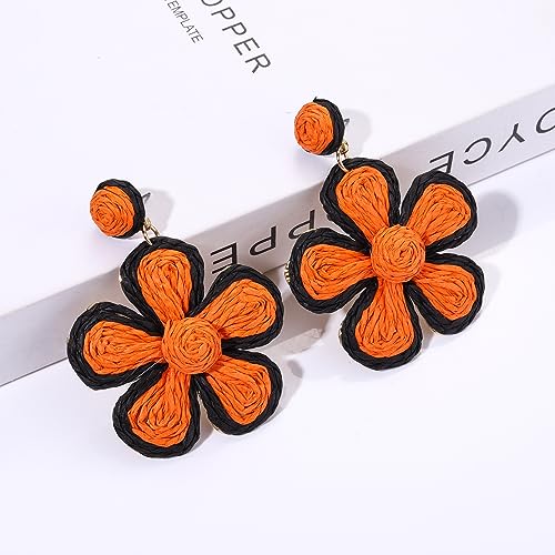 Rattan Earrings for Women Statement Boho Raffia Straw Wrapped Flower Drop Dangle Earrings Summer Tropical Beach Jewelry - color: Halloween Orange Black