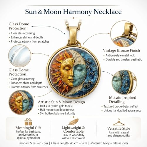 1pc Stunning Round Pendant Necklace - Unique Sun & Moon Pattern, Oil Painting Style Glass Mosaic, Alloy Construction, Trendy Sweater Chain, Fashionable Gift for Women - Christmas or Birthday Gift - color: Bronze Chain