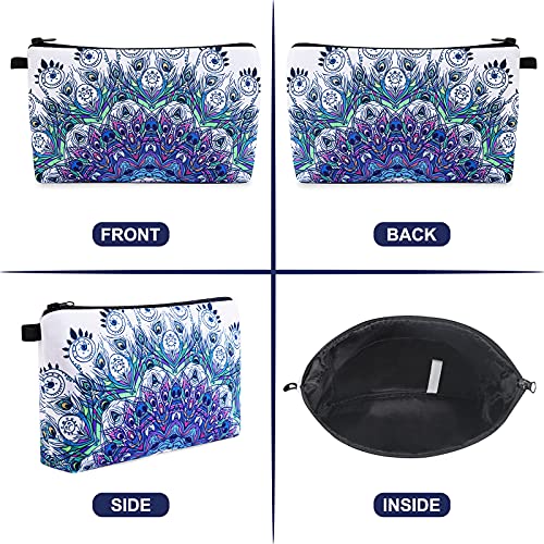 MAGEFY Makeup Bag, 2 Styles Travel Cosmetic Bag for Women Cosmetic pouch Elegant Blue Patterns Zipper Pouch Waterproof Makeup Pouch Cute (2 Packs, Peacock feather + Mandala pattern 0179) - color: 2 packs