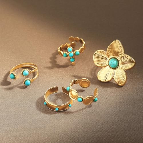 Bohemian Turquoise Ring for Women Chunky Gold Flower Statement Rings Vintage Round Turquoises Stackable Knuckle Ring Set for Women Western Jewelry - style: Turquoise flower ring-A