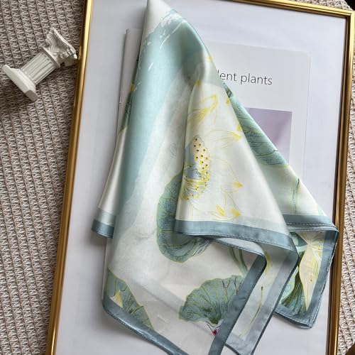 FONYVE 100% Mulberry Silk Scarfs for Women-Lightweight Square Satin Head Scarf-Small Silk Hair Scarf for Sleeping 21"x21" - color: 11 Green Lotus