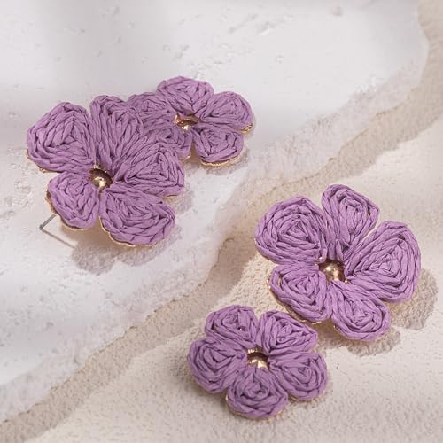 Boho Flower Earrings Statement Raffia Dangle Earrings Cute Floral Jewelry Trendy Summer Beach Vacation Outfits for Women - color: Purple
