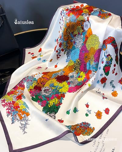 Saiusloa Neck Scarf For Womens Silky Head Scarves Hair Bandanas Square Scarf Fashion Accessories lightweight - color: 23-white Flower Pony
