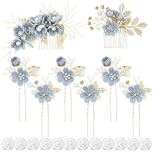 inSowni 20 Pack Classy Dusty Blue Flower Bridal Wedding Hair Side Combs+Floral Hair Pins+Twist Spiral Pearl Hair Pins Clips Pieces Formal Prom Headpieces Accessories for Brides Bridesmaids Women Girls - color: 20 Pack Light Blue Wedding Bridals Formal Pro