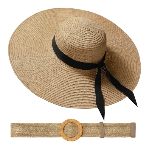 Womens Beach Sun Straw Hat with Straw Belt UV UPF 80+ Travel Foldable Brim Summer UV Hat Stretch Boho Belt for Dress - color: Khaki, size: X-Small