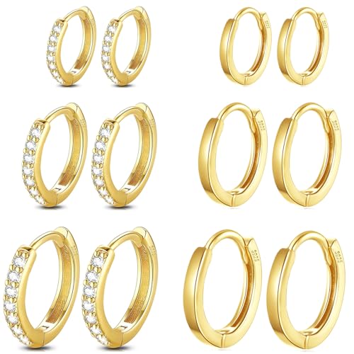 Cocadant 6 Pairs 925 Sterling Silver Small Hoop Earrings for Women,14k Real Gold Hypoallergenic Tiny Cubic Zirconia Cartilage Huggie Earring Sets for Multiple Piercing Trendy Jewelry 8/10/12mm - color: 6Pairs Gold,8mm 10mm 12mm