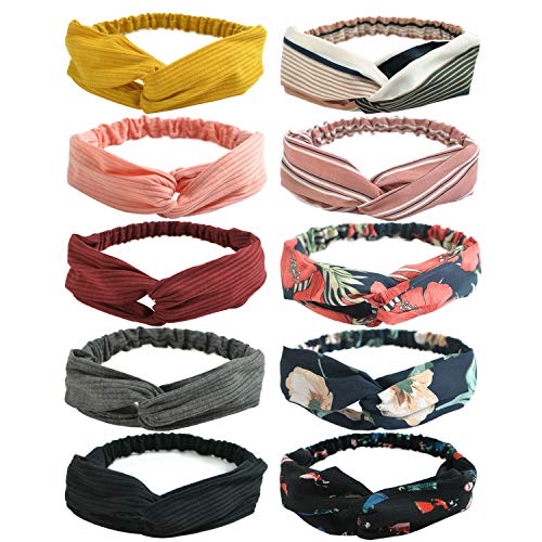DRESHOW 10 Pack Boho Headbands for Women Vintage Cross Elastic Head Wrap Hair Accessories - color: 10 Pack C: Flower Printed Series II