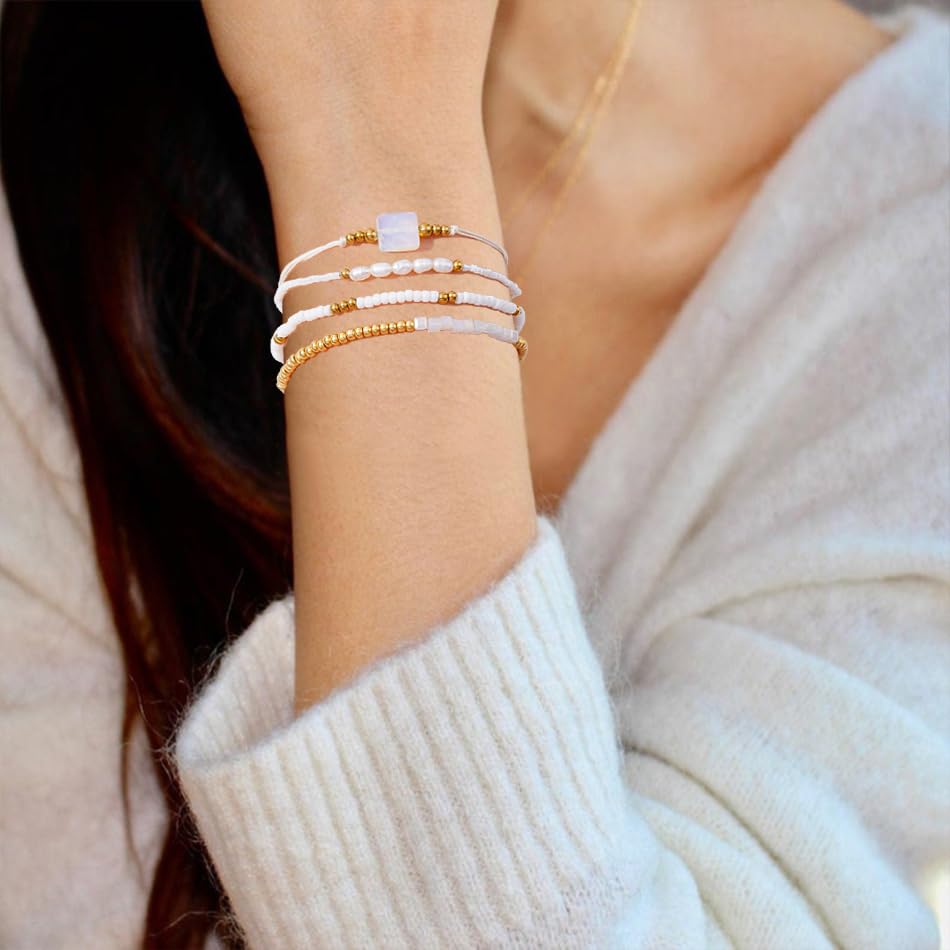 Dainty Gold Plated Pearl Crystal Beaded Bracelets Set for Women 14K Gold Plated Bead Pearl Beads Bracelet Stackable Paperclip Link Chain Bracelets Gold Plated Bracelets for Women Trendy Jewelry - color: Style10