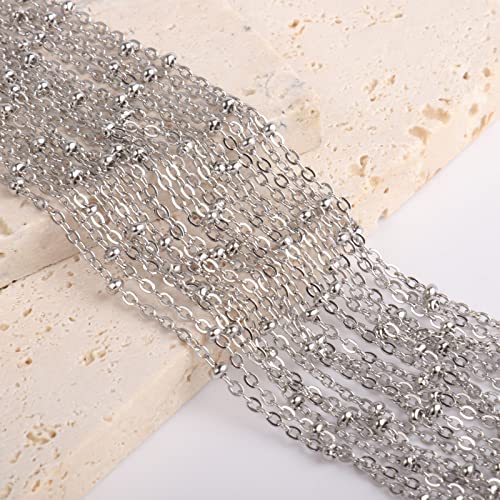 33 Feet Stainless Steel Satellite Chain Bulk, 2mm 304 Stainless Steel Chain Flat Cable Link Beaded Satellite Chains Bulk for Jewelry Making DIY Craft - color: Stainless Steel Small Beads Satellite Cable Chain