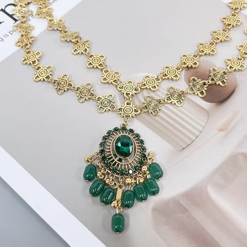 Boho Headband for Women Elegant Bridal Wedding Headpiece Cubic Zirconia Vintage Jhumka Bead Tassel Festival Gold Plated Adjustable Forehead Chain Bollywood Party Accessories Jewelry (Green, Gold) - color: Green