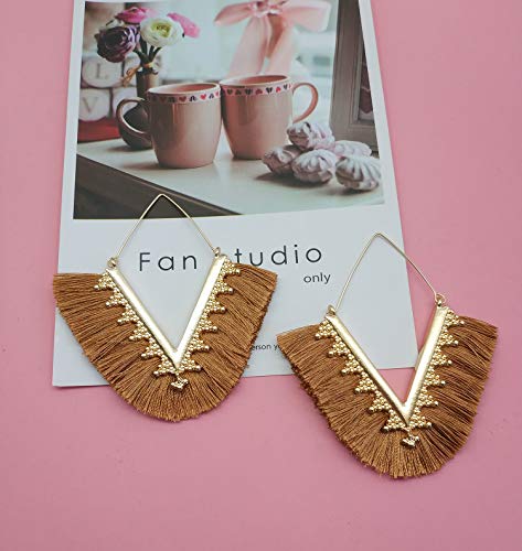 Tassel Hoop Earring Statement Thread Dangle Earrings Stylish Long Fringe Drop Earrings Lightweight Long Swingy French Hook Earrings for Women - color: A Brown