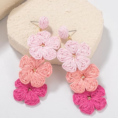 Boho Flower Earrings Statement Raffia Dangle Earrings Cute Floral Jewelry Trendy Summer Beach Vacation Outfits for Women - color: Pink