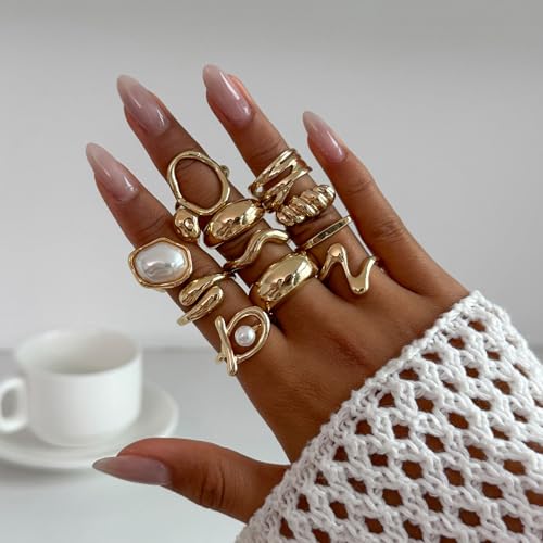 Chunky Gold Rings for Women Non Tarnish Boho Stackable Rings Set Adjustable Open Joint Finger Midi Knuckle Ring Packs - color: Gold Pearl Rings 11Pcs