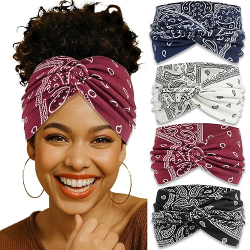4 Pack Wide Headbands for Women Paisley Twist Hair Bands Stretchy Cross Head Turban Bandana Valentine's Day Non Slip Exercise Hair Wraps Accessories - color: Multicolor-2