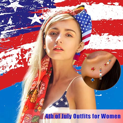 3 Pairs Dainty Small 4th of July Earrings for Women Trendy, Birthstone Stud Huggie Hoop Jacket Stack for Cartilage Helix, Gold Plated Hypoallergenic Cute Women Fashion Accessories Western Jewelry Gifts - color: 4th of July earrings(Gold Red White Blue)