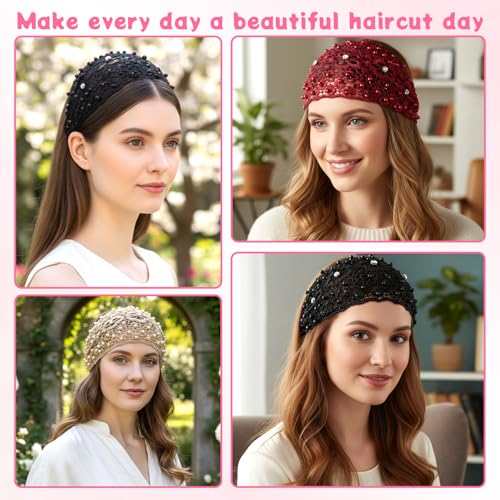 Tucnoeu 3pcs Boho-Chic Crystal & Pearl Embellished Wide Headbands, Wide Boho Pearl Headband for Wome, Floral Beaded Lace Elastic Headband Suitable for Daily Wear and Weddings Stylingvarious Holidays - color: Coffee, Claret, black